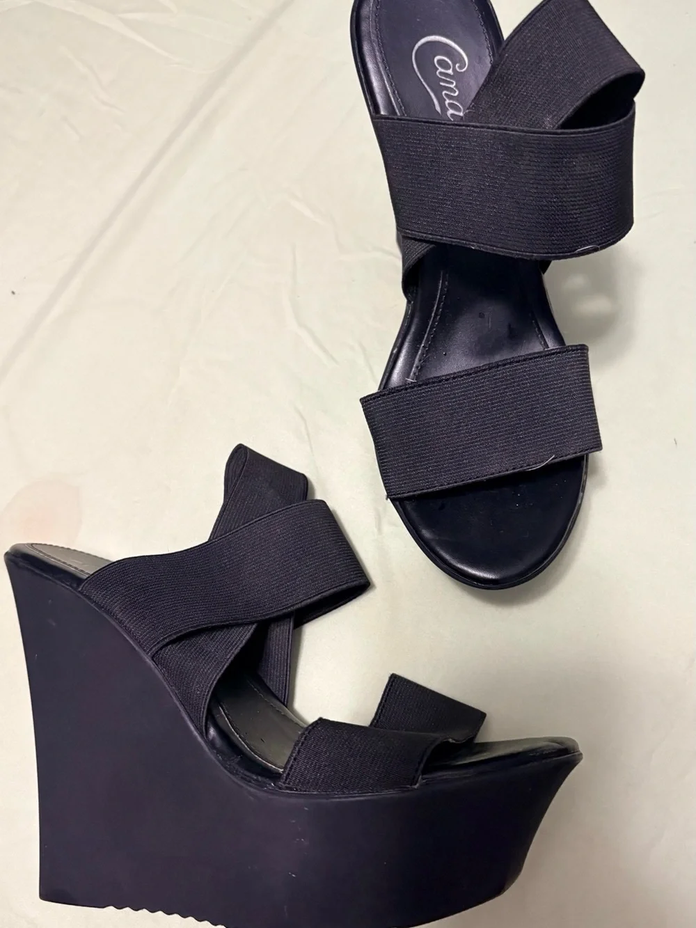 Candie's Black Elastic Cross-Strap Wedge Sandals